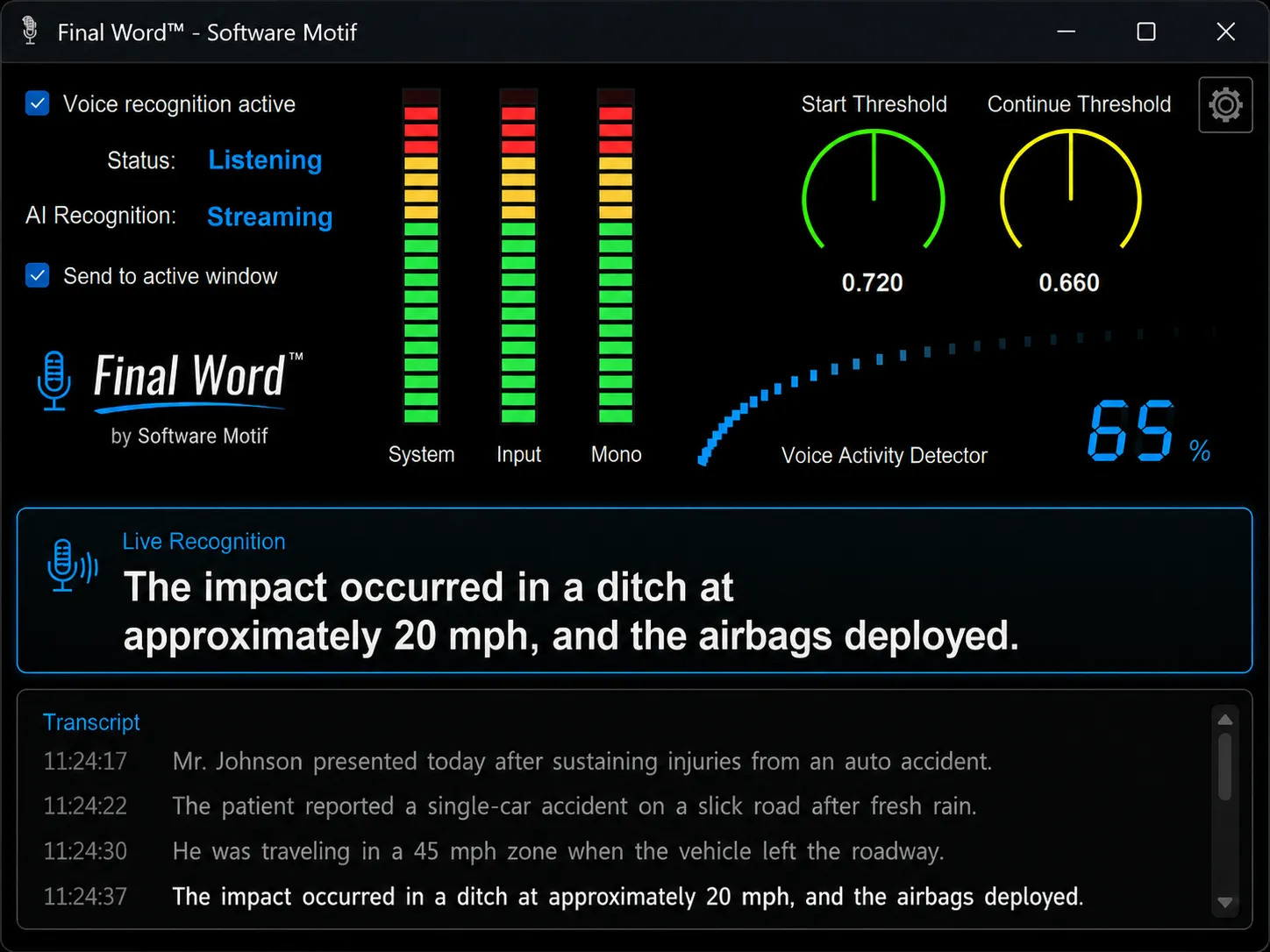 Final Word AI voice recognition software dashboard showing live transcription, audio meters, and voice activity detection